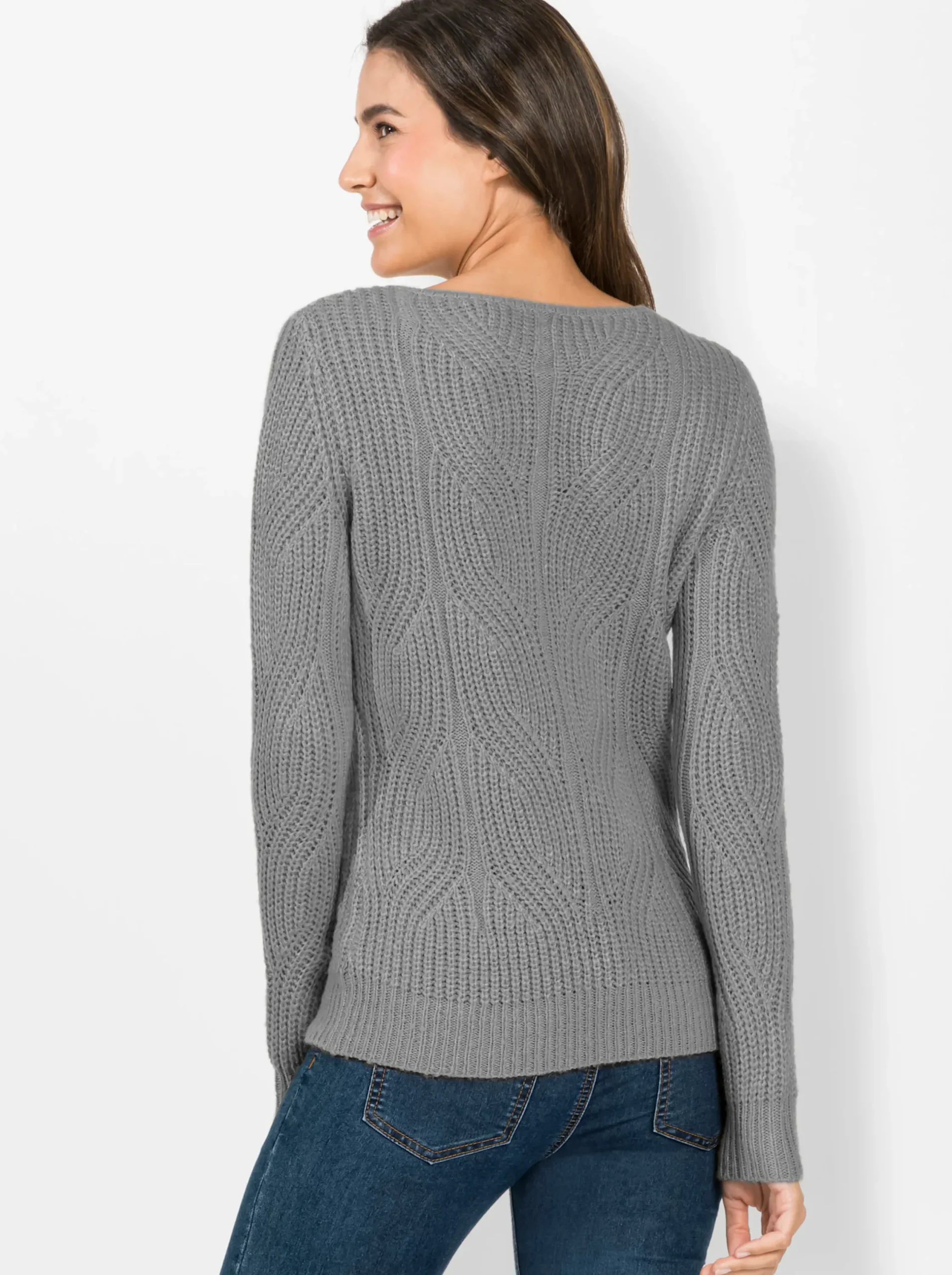 Pullover| Strickpullover mit Zopfmuster steingrau-meliert