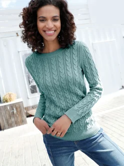 Basics|Pullover| Strickpullover mit Zopfmuster jadegrün