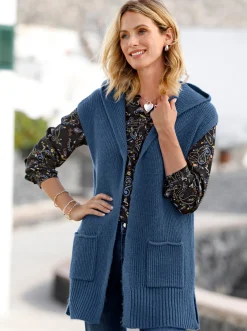 Jacken| Strickweste mit Kapuze, Ripp-Optik jeansblau
