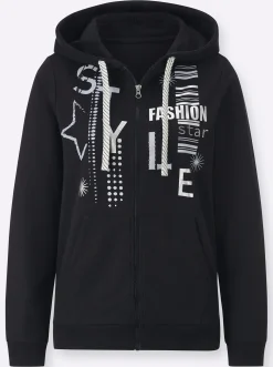 Pullover| Sweatjacke mit Druck und Glitzersteinchen schwarz