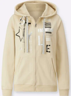 Pullover| Sweatjacke mit Druck und Glitzersteinchen sand
