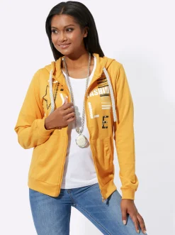 Jacken|Pullover| Sweatjacke mit Druck und Glitzersteinchen ocker