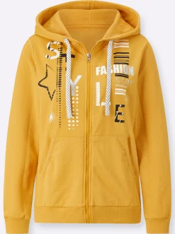 Jacken|Pullover| Sweatjacke mit Druck und Glitzersteinchen ocker