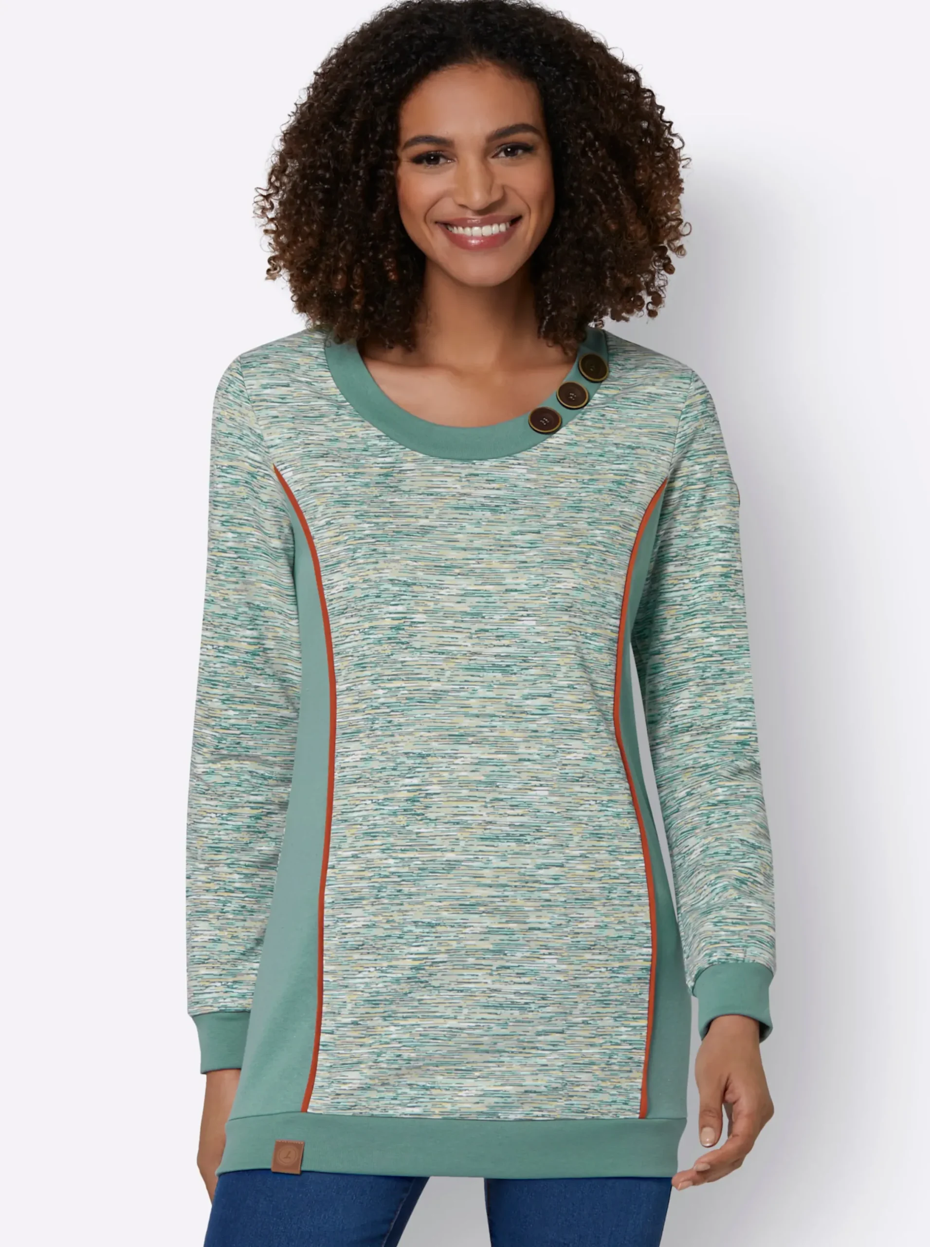 Pullover| Sweatshirt in Longform jade-weiß-meliert