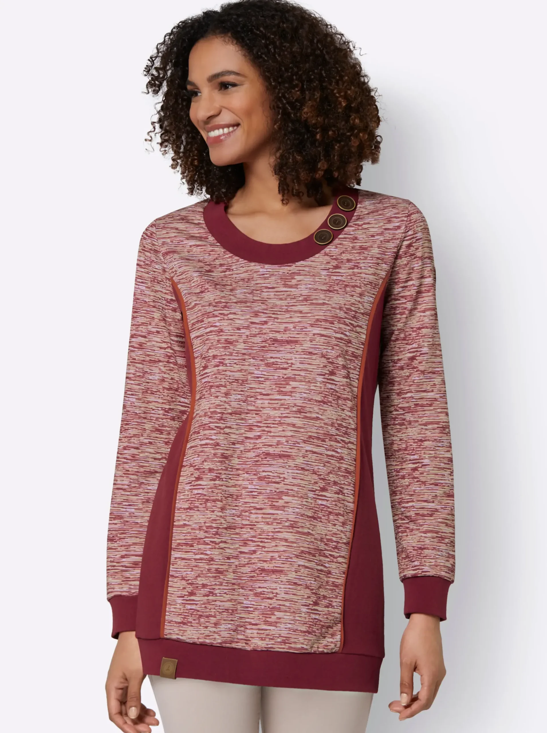 Pullover|Shirts| Sweatshirt in Longform dunkelrot-weiß-meliert