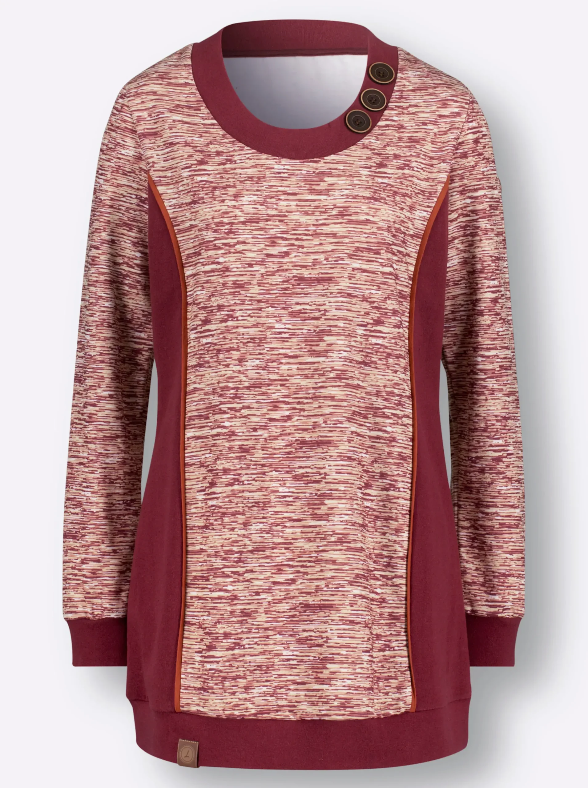 Pullover|Shirts| Sweatshirt in Longform dunkelrot-weiß-meliert