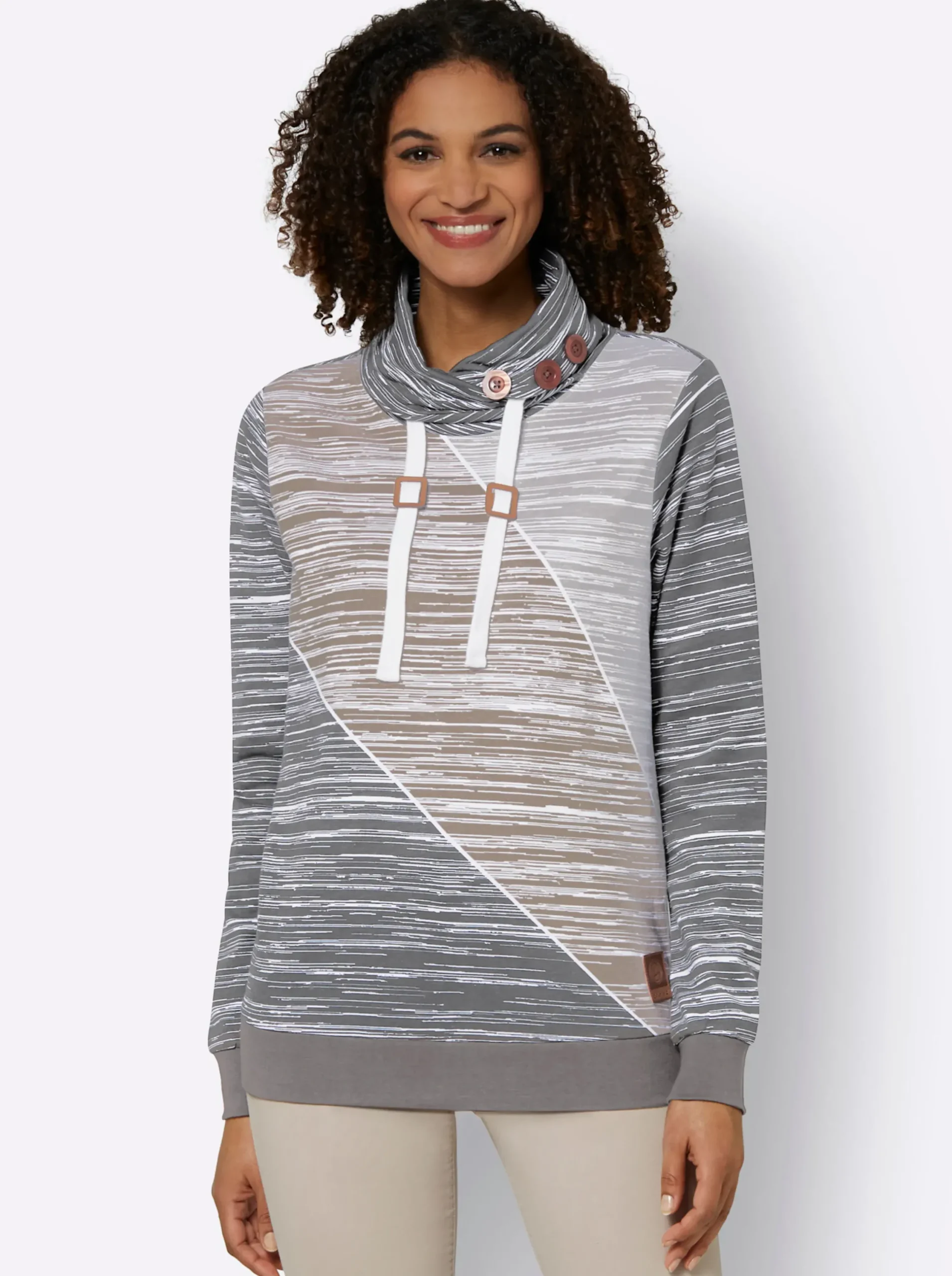 Pullover| Sweatshirt mit elastischen Bündchen grau-ecru-bedruckt