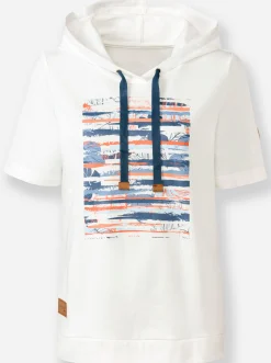 Shirts| Sweatshirt mit Kapuze ecru-dunkelblau-bedruckt