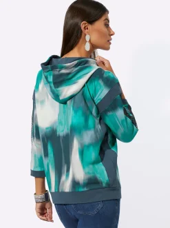 Shirts| Sweatshirt mit Kontrast-Einsätzen salbei-dunkelblau-bedruckt