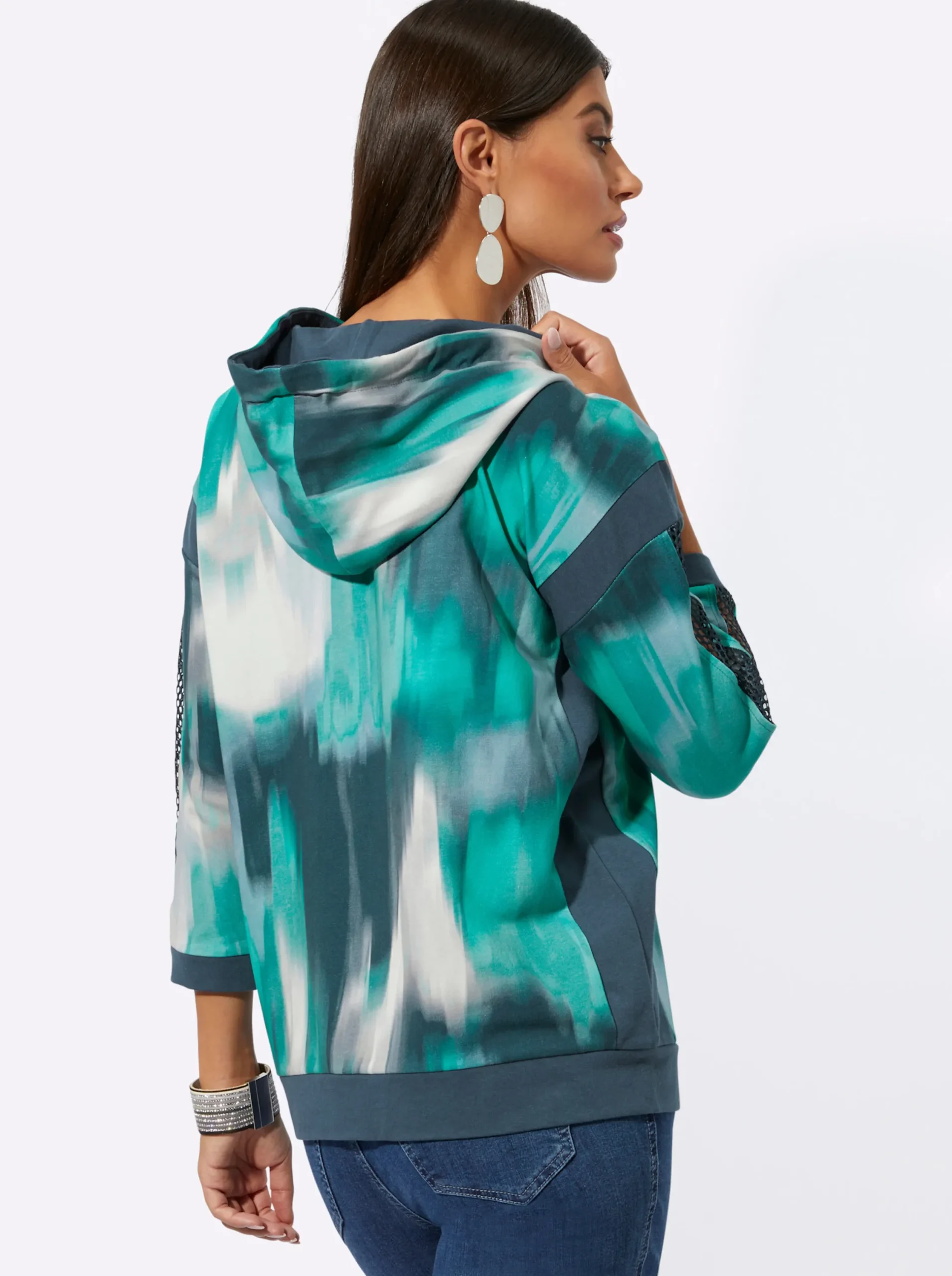 Shirts| Sweatshirt mit Kontrast-Einsätzen salbei-dunkelblau-bedruckt