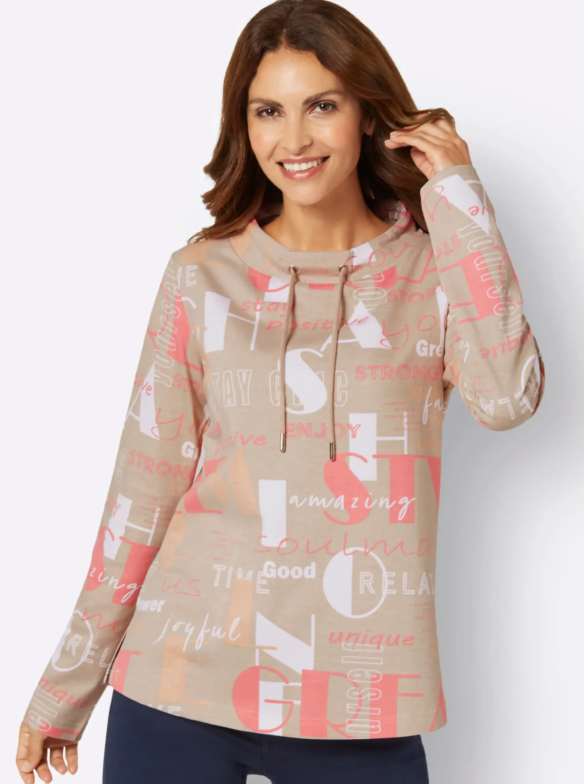 Pullover| Sweatshirt mit Lettering-Print flamingo-sand-bedruckt