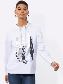 Pullover| Sweatshirt mit platziertem Metallic-Druck weiß-silberfarben-bedruckt