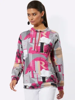 Pullover| Sweatshirt mit regulierbarem Stehkragen fuchsia-hellgrau-bedruckt