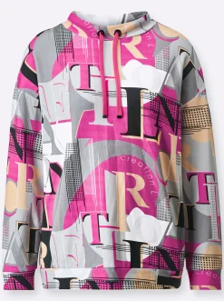 Pullover| Sweatshirt mit regulierbarem Stehkragen fuchsia-hellgrau-bedruckt