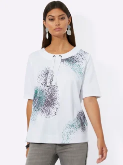 Pullover| Sweatshirt mit Seitenschlitzen ecru-anthrazit-bedruckt