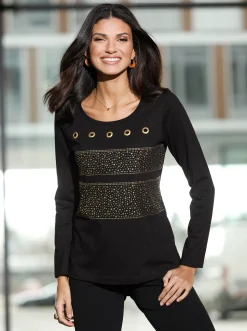 Pullover| Sweatshirt mit Ösen- und Nietenverzierung schwarz