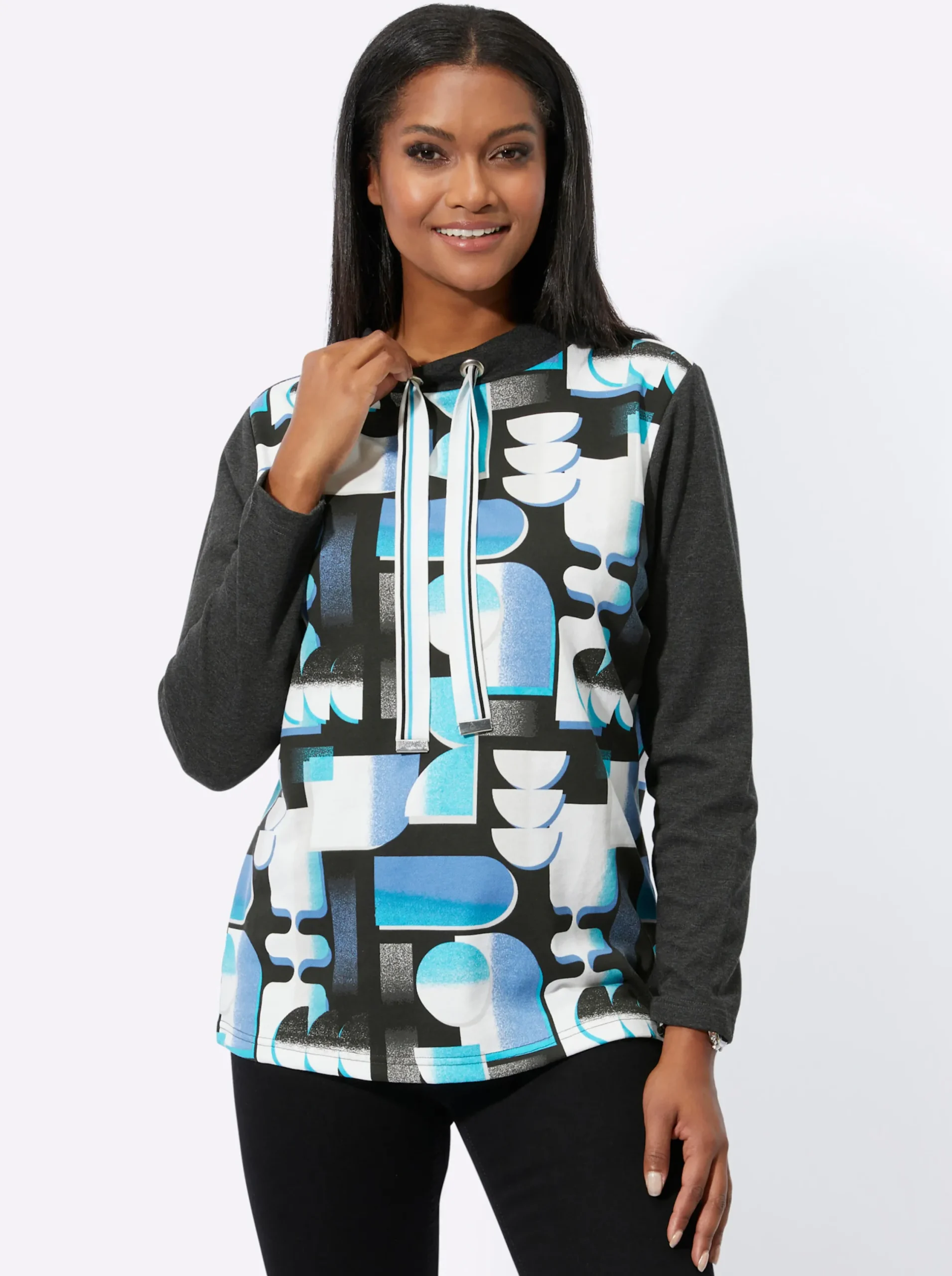 Shirts| Sweatshirt mit Stehkragen und Tunnelzug türkis-schwarz-bedruckt