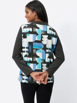 Shirts| Sweatshirt mit Stehkragen und Tunnelzug türkis-schwarz-bedruckt