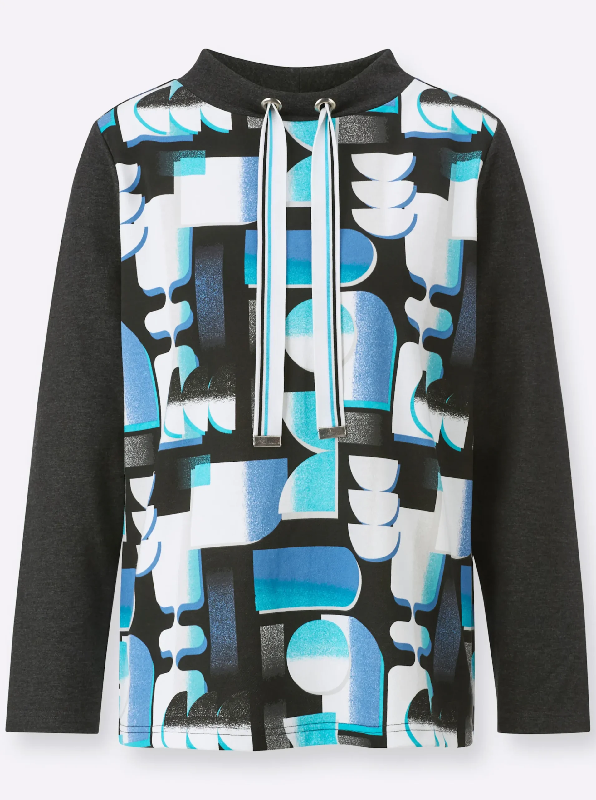 Shirts| Sweatshirt mit Stehkragen und Tunnelzug türkis-schwarz-bedruckt