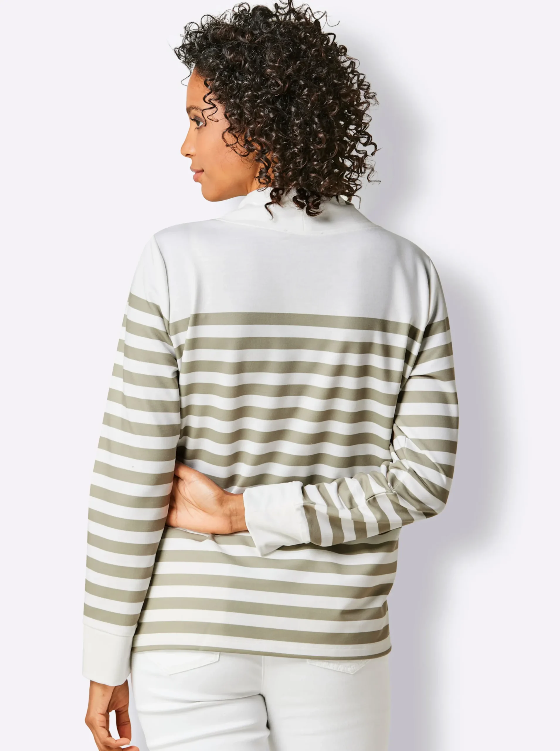Pullover|Shirts|CREATION L PREMIUM Sweatshirt mit verlängertem Rückenteil weiß-schlamm-geringelt