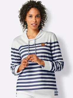 Pullover|Shirts|CREATION L PREMIUM Sweatshirt mit verlängertem Rückenteil weiß-marine-geringelt