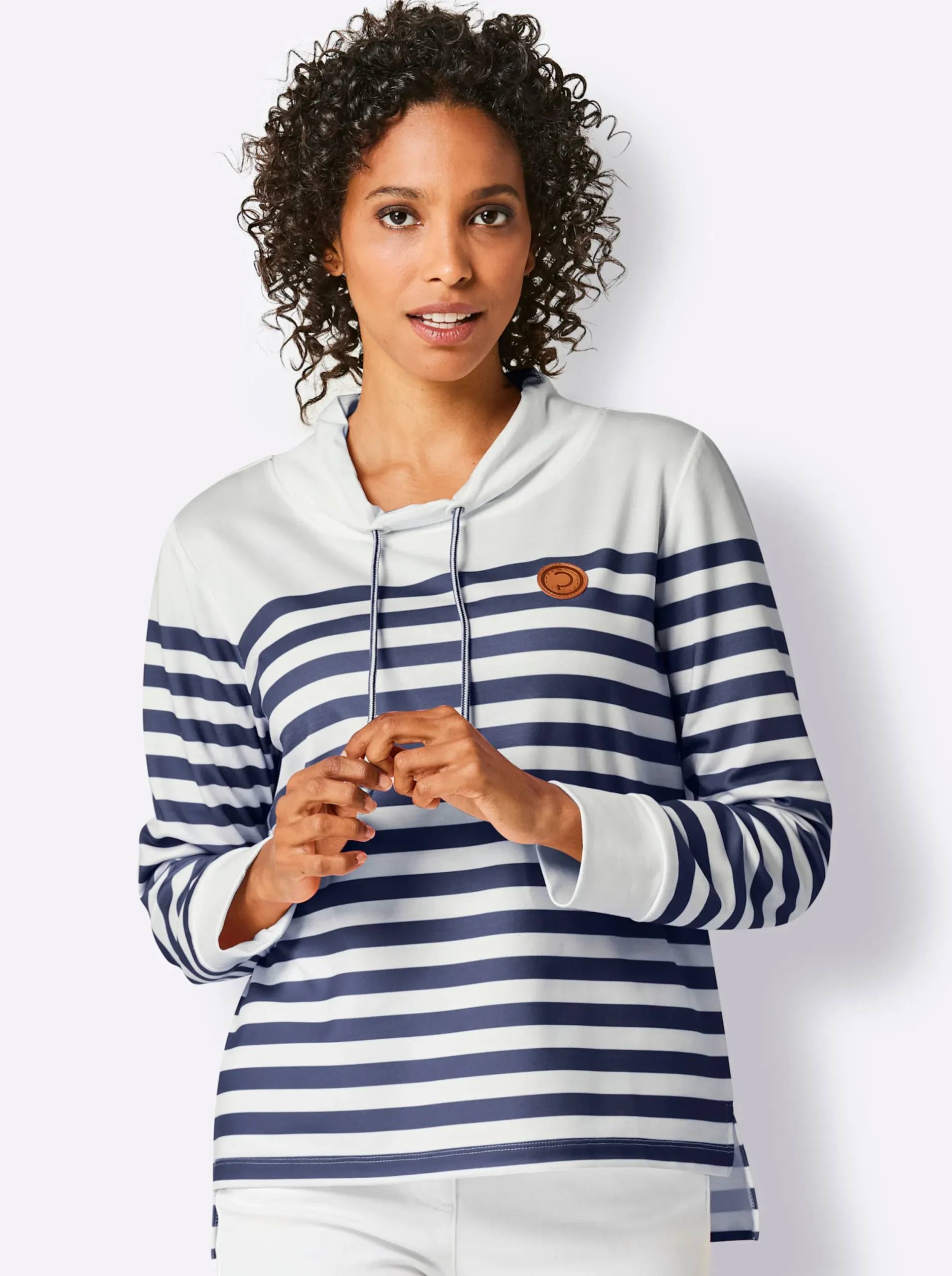 Pullover|Shirts|CREATION L PREMIUM Sweatshirt mit verlängertem Rückenteil weiß-marine-geringelt