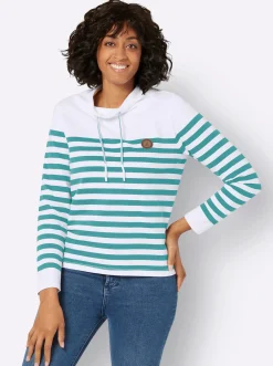 Pullover|Shirts| Sweatshirt mit verlängertem Rückteil weiß-ozean-geringelt