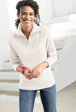 Pullover| Troyer mit breiten Rippabschlüssen wollweiß