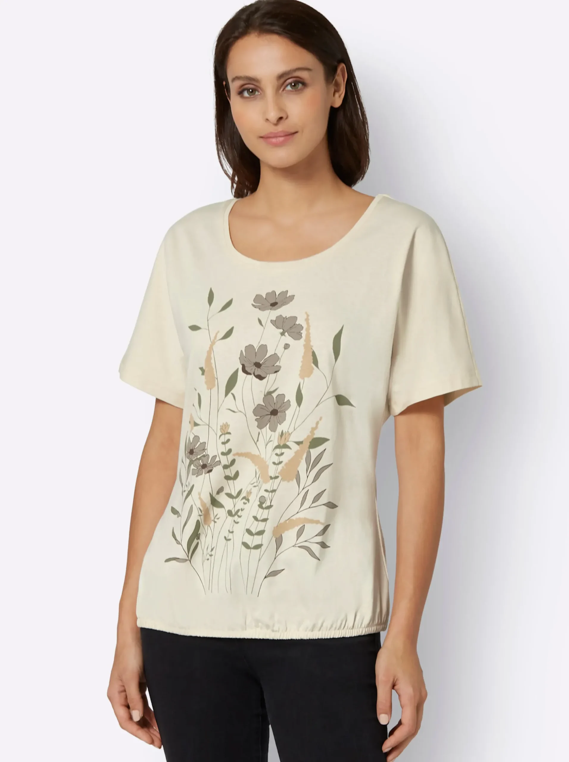 Shirts| T-Shirt mit Blumen-Druck im Vorderteil champagner