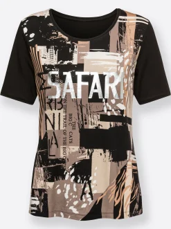 Shirts| T-Shirt mit silberfarbigem Druck schwarz-sand-bedruckt