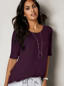 Strandmode| T-Shirt mit zweilagigem Ärmelbündchen aubergine