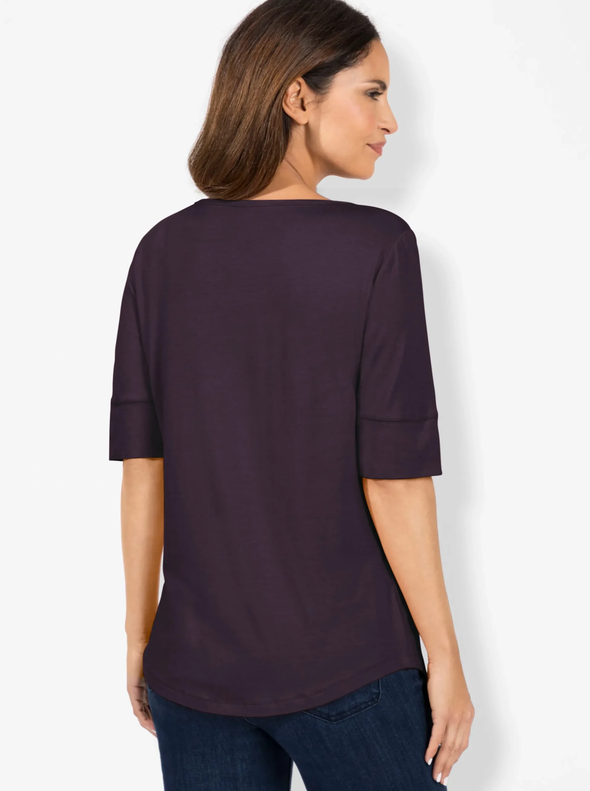 Strandmode| T-Shirt mit zweilagigem Ärmelbündchen aubergine