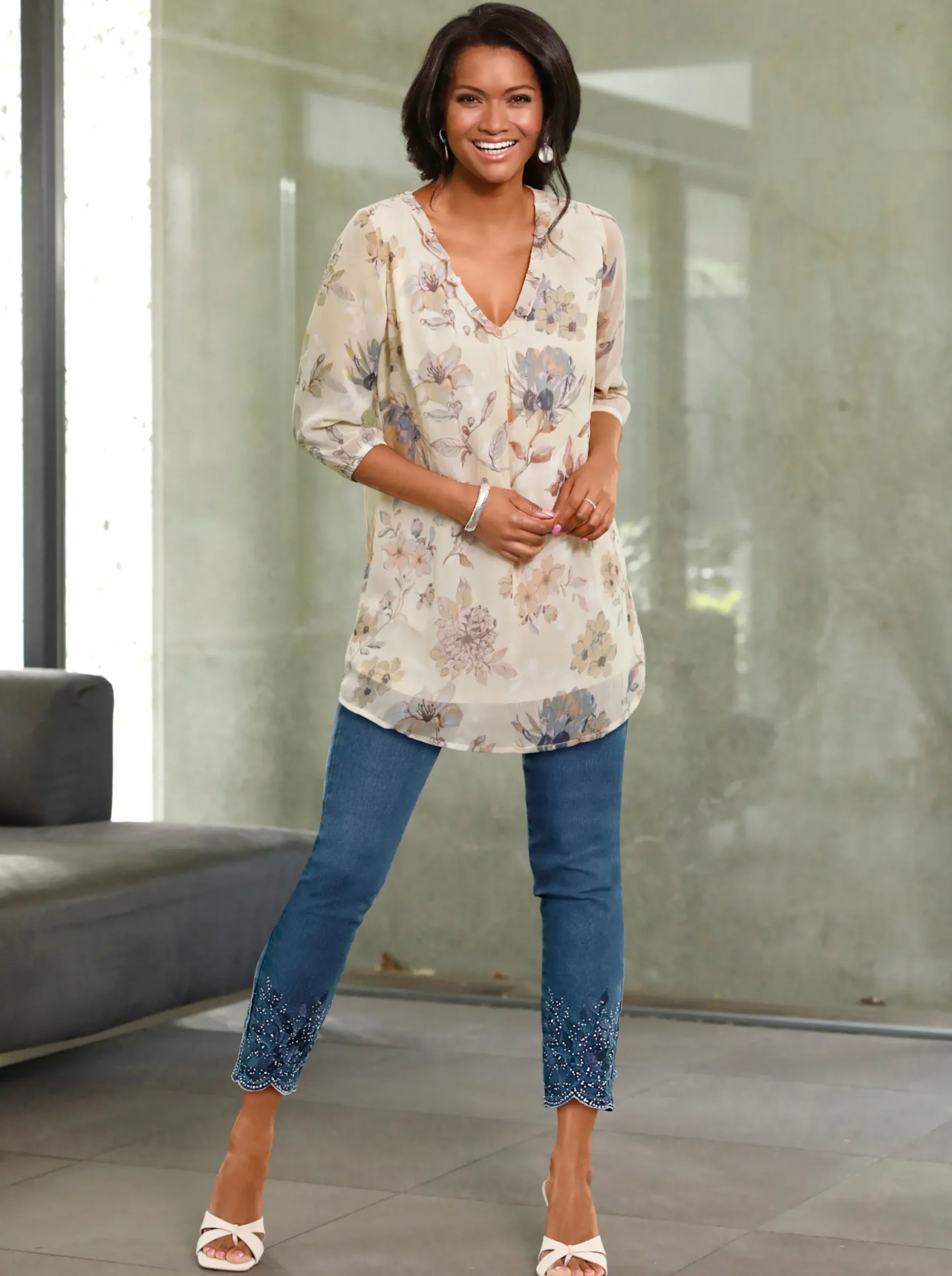 Blusen| Tunika sand-bedruckt