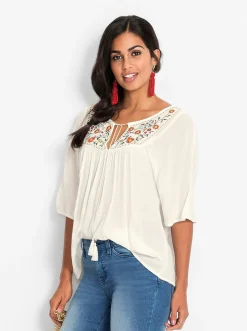 Blusen| Tunika mit Blüten-Stickerei ecru
