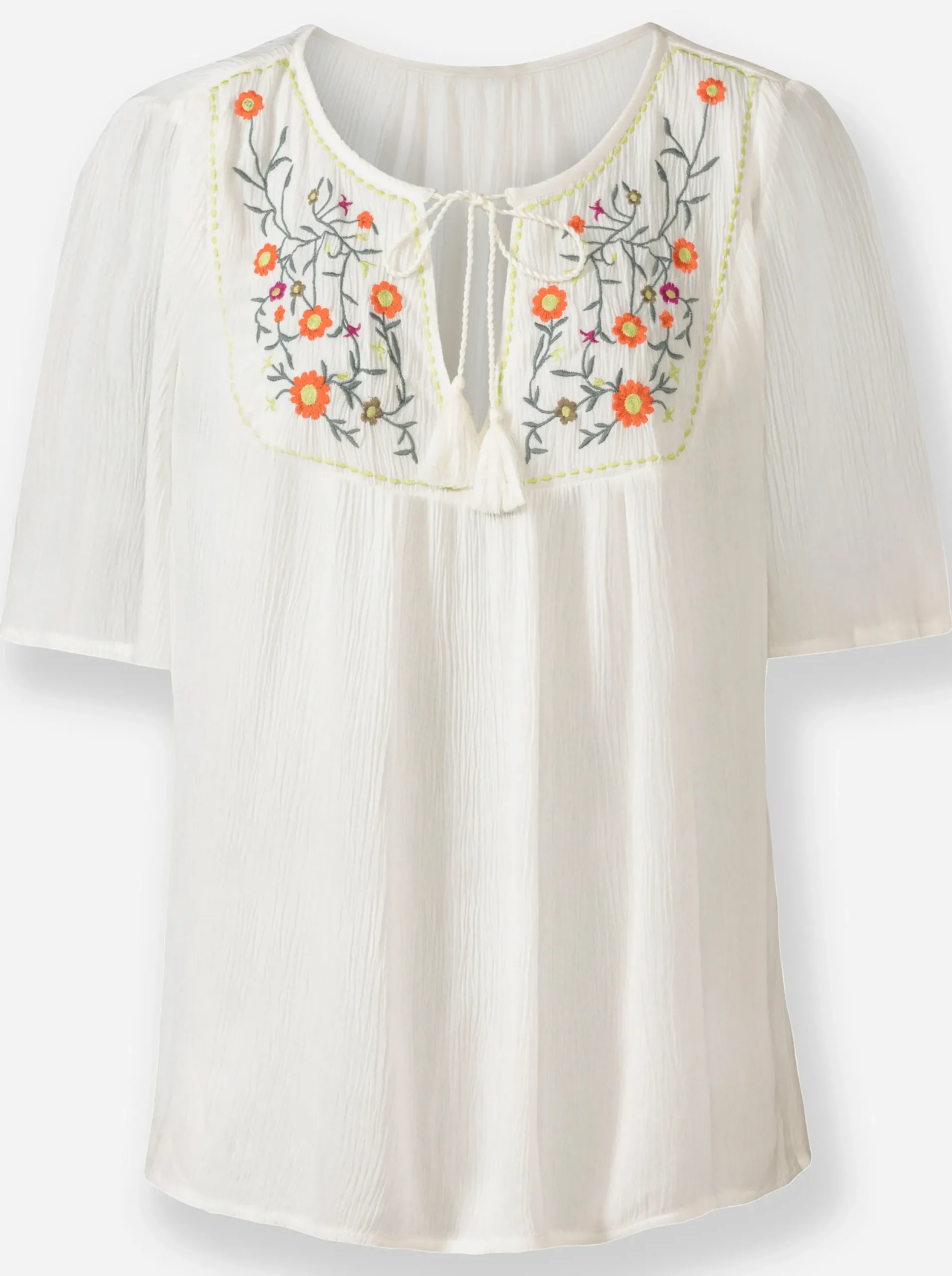 Blusen| Tunika mit Blüten-Stickerei ecru