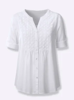 Strandmode|Blusen| Tunika mit floraler Stickerei ecru