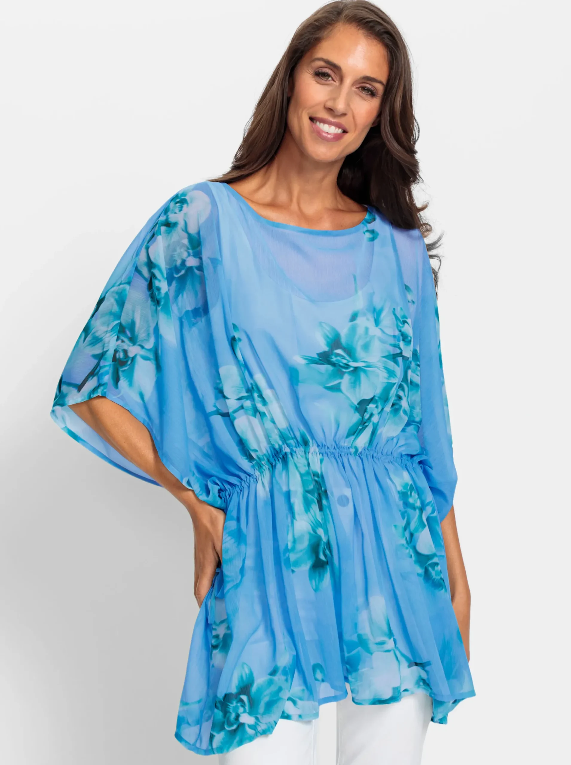 Blusen|heine Tunika mit weitenregulierbarer Taille himmelblau-blaugrün-bedruckt