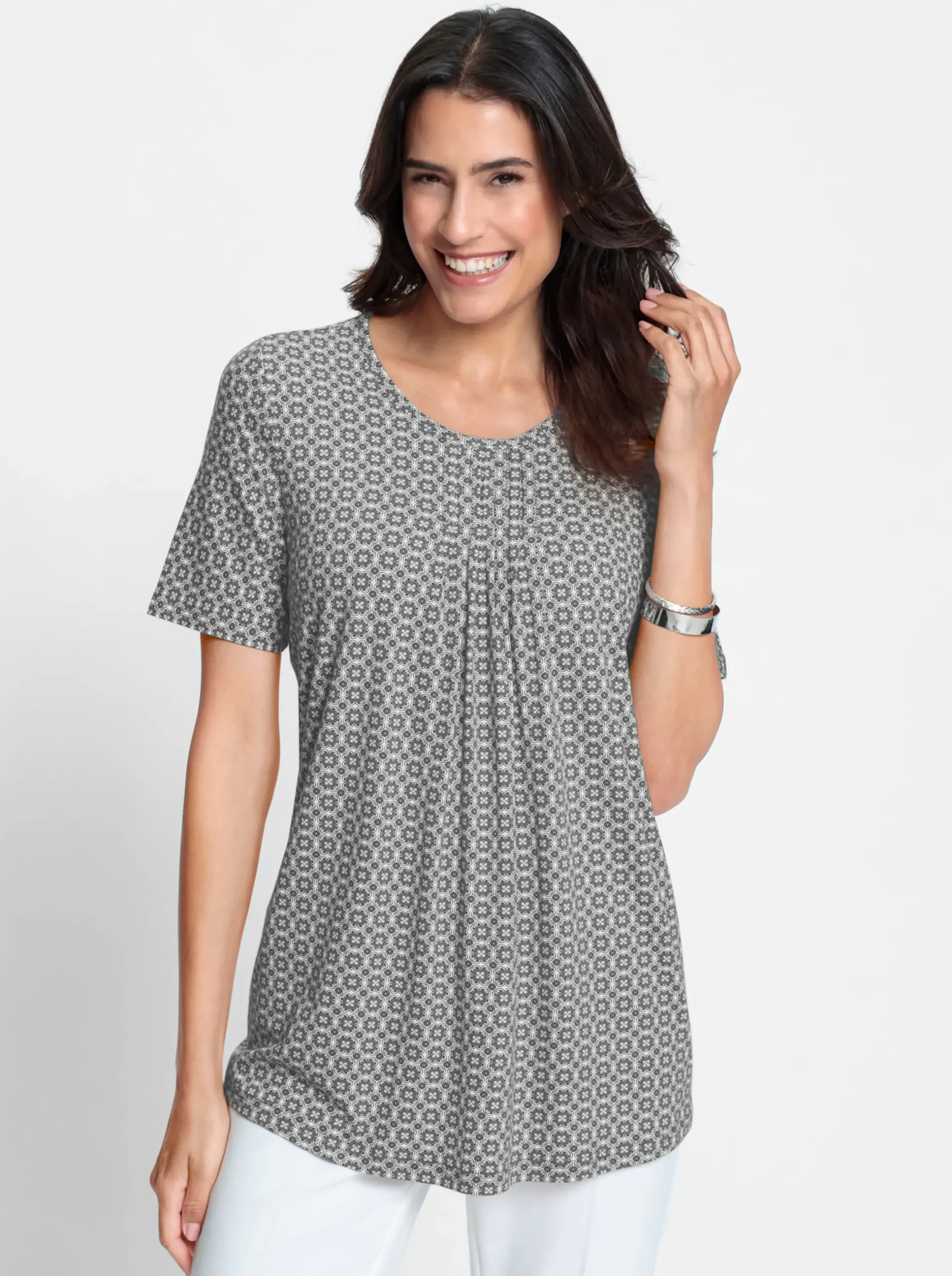 Shirts| Tunikashirt in A-Linie grau-weiß-bedruckt