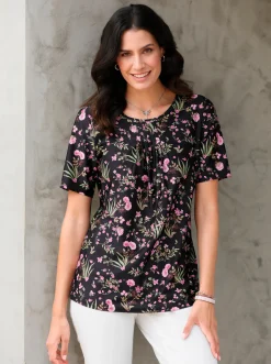 Shirts| Tunikashirt in Longform schwarz-rosé-bedruckt