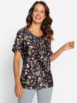 Shirts| Tunikashirt in Longform schwarz-rosé-bedruckt