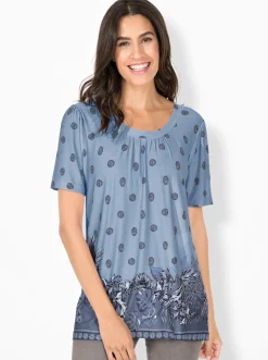 Shirts| Tunikashirt mit Raffung am Ausschnitt hellblau-bedruckt