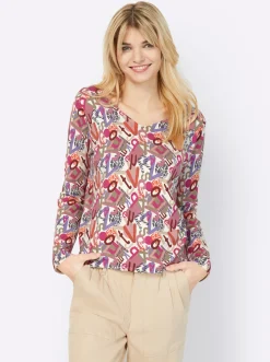 Pullover|heine V-Ausschnitt-Pullover champagner-hortensie-bedruckt
