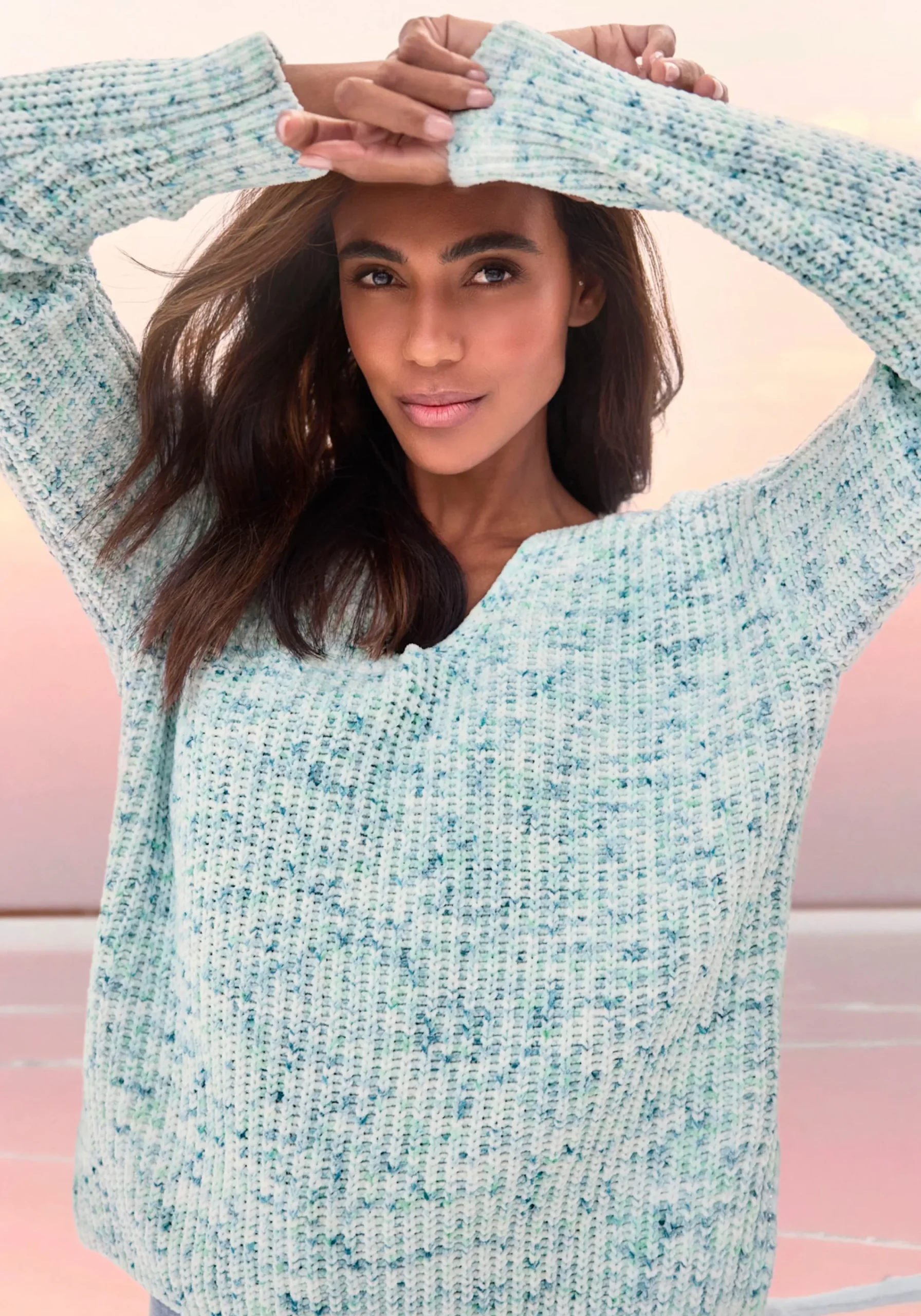 Strandmode|Buffalo V-Ausschnitt-Pullover blau-creme