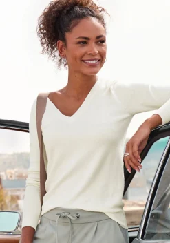 Strandmode|Pullover|Vivance V-Ausschnitt-Pullover creme