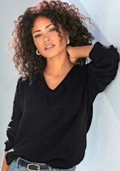 Strandmode|Pullover|LASCANA V-Ausschnitt-Pullover schwarz