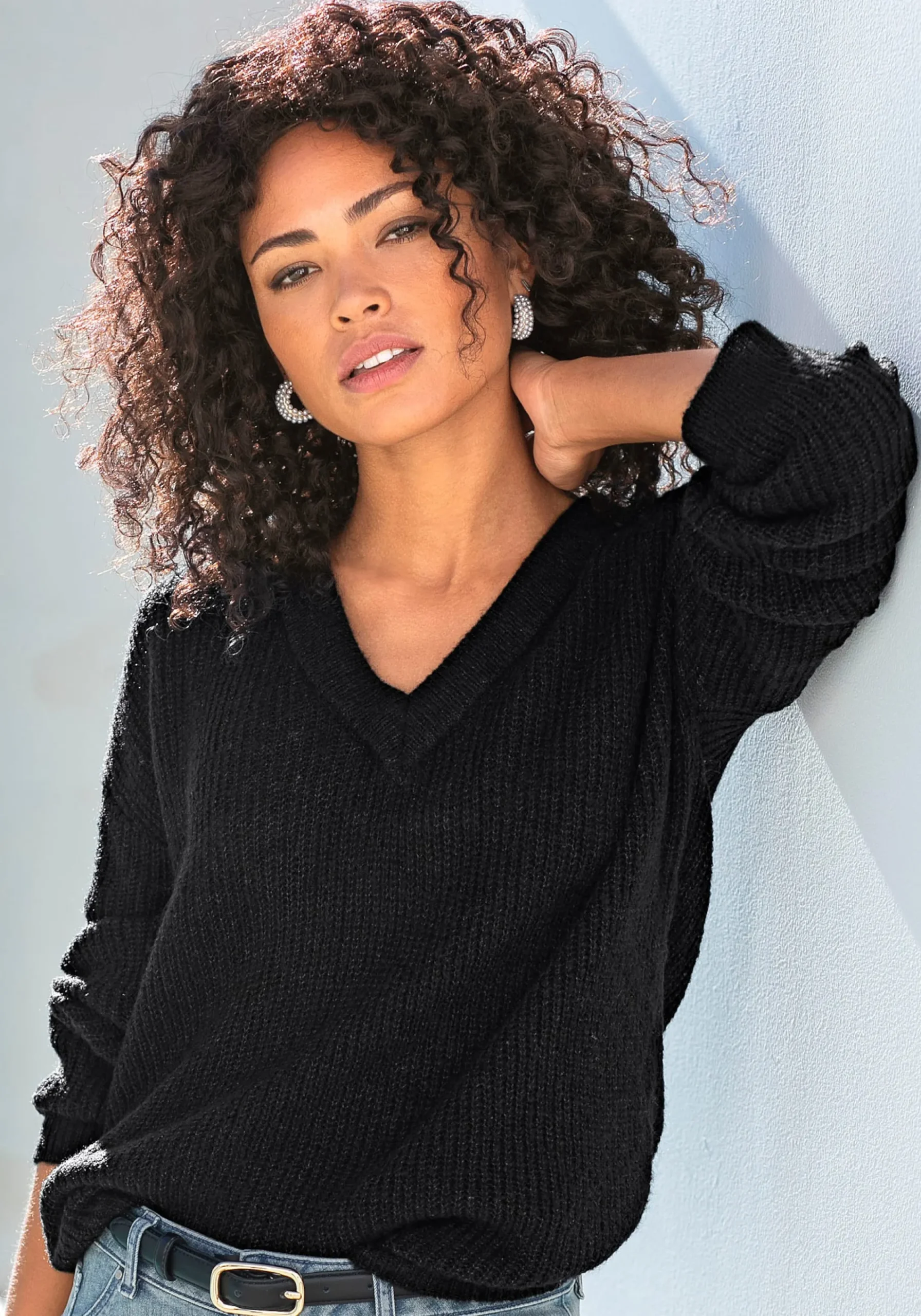 Strandmode|Pullover|LASCANA V-Ausschnitt-Pullover schwarz