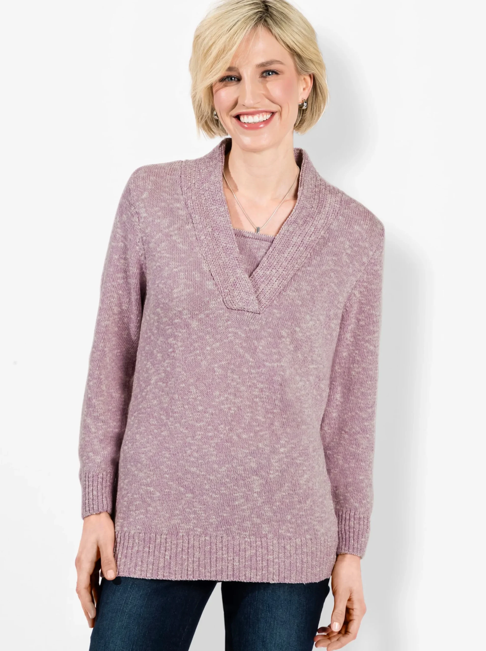 Pullover| V-Ausschnitt-Pullover in 2-in-1-Optik orchidee-meliert