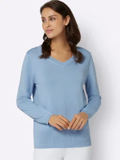 Pullover| V-Ausschnitt-Pullover mit Biesen vorne eisblau