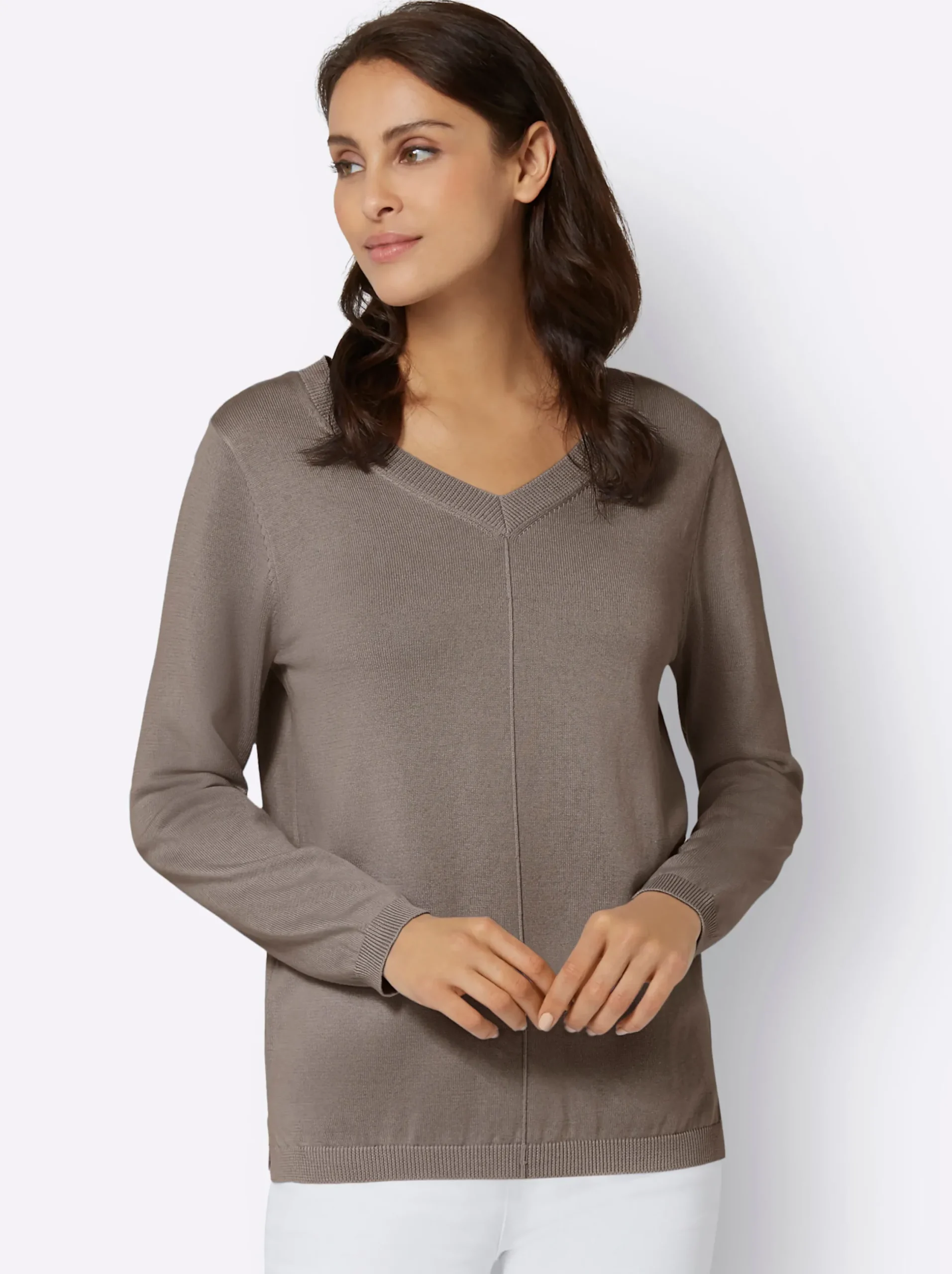 Pullover| V-Ausschnitt-Pullover mit Biesen vorne taupe