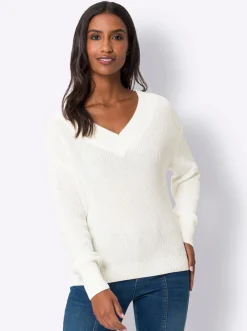 Pullover|heine V-Ausschnitt-Pullover mit überschnittener Schulter ecru